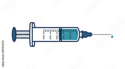 Simple flat vector of a syringe with a small drop at needle tip, injection moment concept, clean outline, minimal detail, limited colors