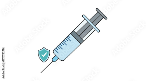 Simple flat vector of a syringe with a small drop at needle tip, injection moment concept, clean outline, minimal detail, limited colors