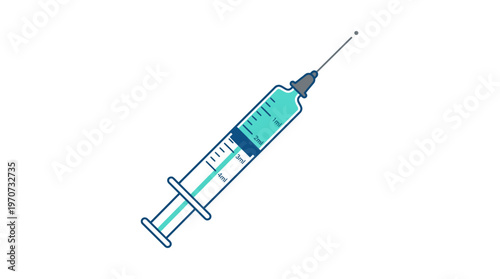 Simple flat vector of a syringe with a small drop at needle tip, injection moment concept, clean outline, minimal detail, limited colors