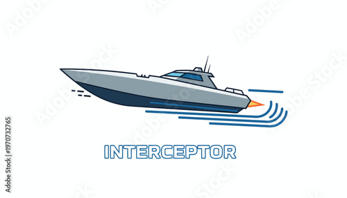 Fast Interceptor Boat Speeding Through Water with Engine Exhaust and Waves