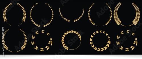 Set golden silhouette circular laurel foliate, wheat and oak wreaths depicting an award, achievement, heraldry, nobility on Black background. vector illustration