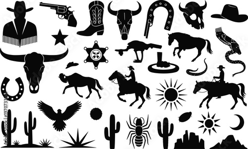 Wild West cowboy silhouette set featuring horses skulls cactus hats sheriff stars boots and desert elements isolated on white background vector