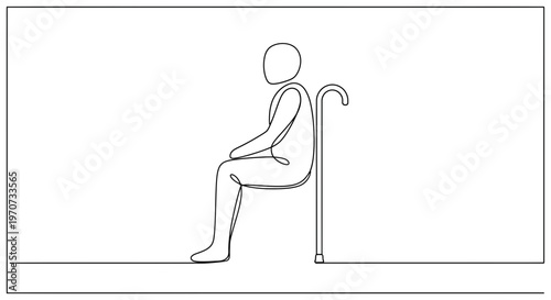 Elderly Person Sitting with Cane, Minimalist Line Art