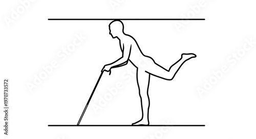 Elderly man with cane doing leg exercise, balance training, physiotherapy, healthy lifestyle