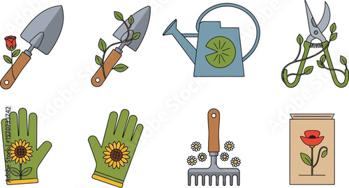Collection of gardening tools and accessories including trowels watering can shears gloves rake and seed packet flat vector illustration for nature and hobby concepts