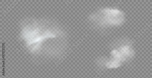 Realistic white fluffy clouds with fog or light smoke effect on a transparent background. Misty atmosphere element for overlaying on images, dramatic scenes or weather visual effects