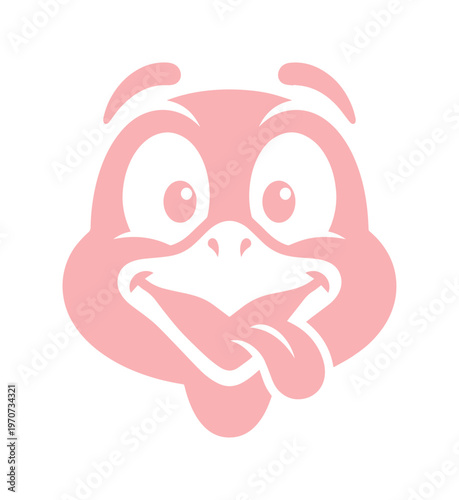Funny pink ostrich mascot head vector, silly bird character with tongue out, playful ostrich face logo for children branding and sports