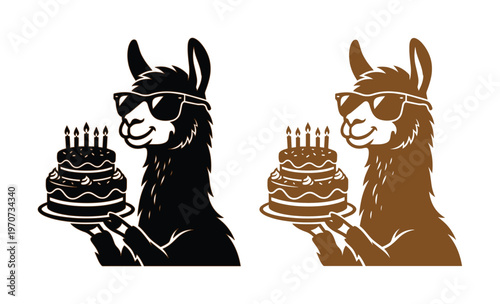 Funny llama wearing sunglasses holding birthday cake, cool alpaca character with tiered dessert, black and brown vector animal silhouettes