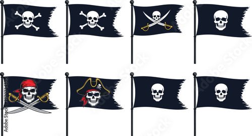 Illustration Set of Pirate Flags with Skull, Crossbones, and Swords for Adventure, Nautical, and Vintage Design Themes