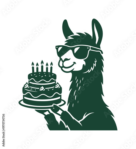 Cool llama wearing sunglasses holding a birthday cake, funny alpaca character with tiered cake and candles, dark green vector mascot illustration