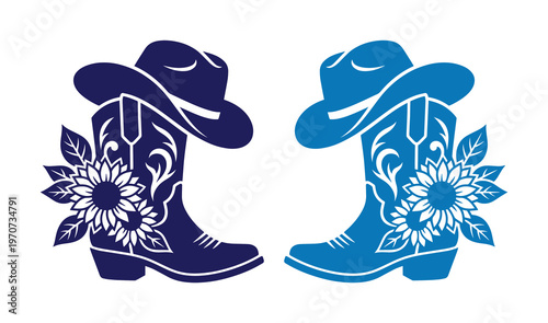 Rustic cowboy boots with sunflower floral accents, western hat and boot vector silhouettes, country style fashion icons in blue tones