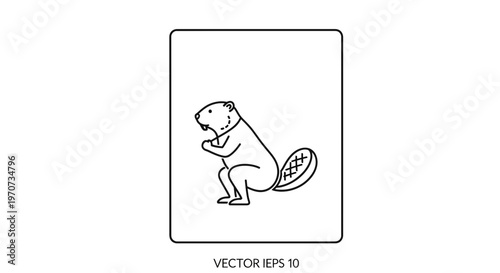 Cute Beaver Icon, Simple Line Art, Vector Illustration