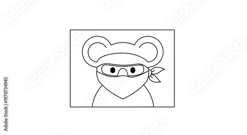 Cute cartoon mouse ninja character with bandana and mask, black and white outline illustration