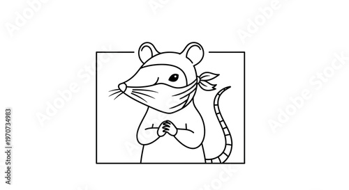Cute cartoon rat wearing a bandana as a mask, ninja style, in a black frame
