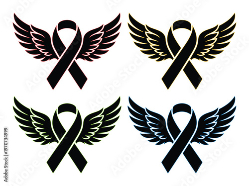 Black awareness ribbon with angel wings vector set, mourning and memorial symbols, 4 funeral tribute icons for loss and remembrance