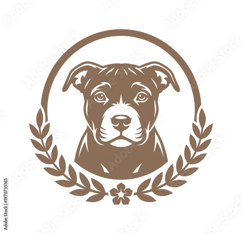 Vintage pitbull dog head logo vector, brown pit bull terrier mascot in laurel wreath circle, classic canine emblem for pet branding and kennel clubs