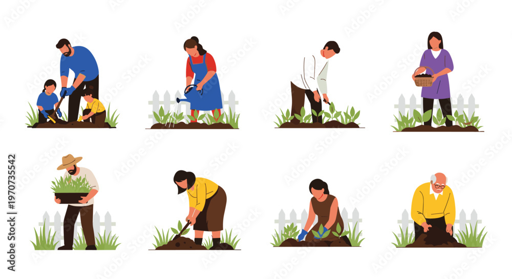 Fototapeta premium People Planting Vegetables and Flowers in a Garden - Family and Elderly Gardening