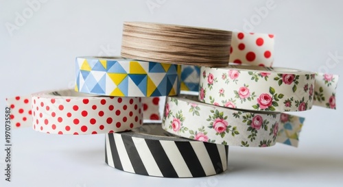 A stack of colorful ribbons with various patterns