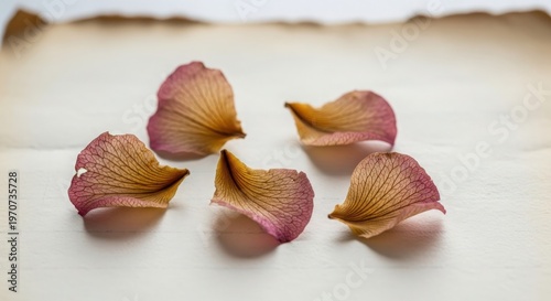 Delicate Pink and Yellow Rose Petals on White Surface