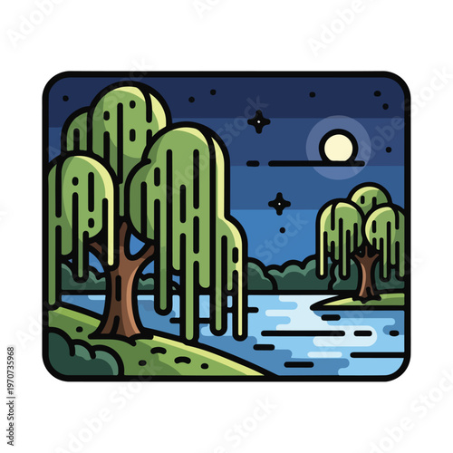 A serene nocturnal landscape with trees