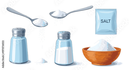 Salt Shaker and Spoon Icon Set with Salt Pack and Bowl for Cooking, Kitchen, and Seasoning Designs