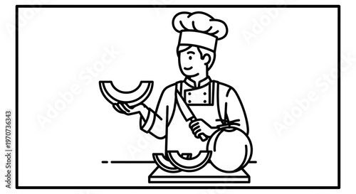 Chef Preparing Fresh Melon Slices and Tomato on Cutting Board