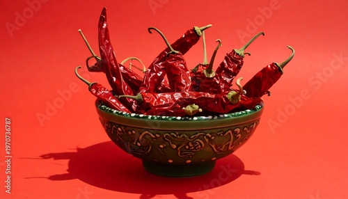 A decorative bowl filled with numerous red chili peppers
