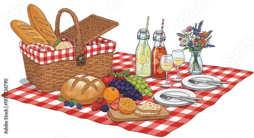 A classic outdoor picnic setup featuring a woven basket, fresh fruits, bread, and drinks on a red checkered blanket, ready for a delightful summer day