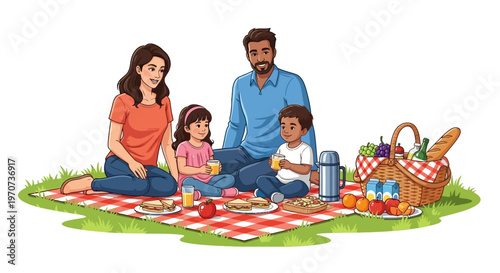 A joyful multi-ethnic family, including parents and two children, sharing a delightful outdoor picnic on a sunny day with food and drinks on a checkered blanket