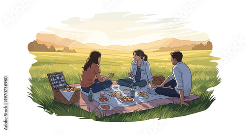 Three friends enjoying a peaceful outdoor picnic in a scenic field during sunset, sharing food and drinks, embodying joy and connection and relaxation