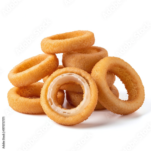 Stack of golden onion rings isolated on white background