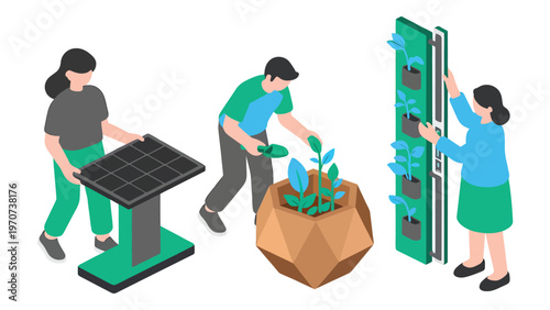 People gardening and installing renewable energy systems in an eco-friendly communit
