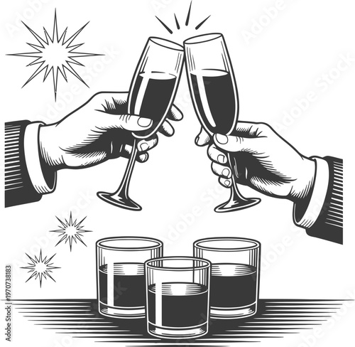 Vintage illustration of two hands clinking champagne flutes with glasses on a table