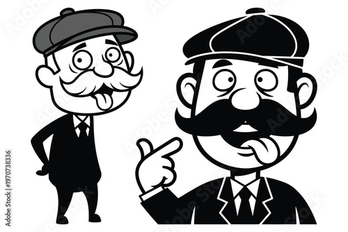Two cartoon men with large mustaches and hats making funny faces, one pointing with his finger and tongue out, playful and humorous characters.