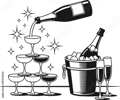 Champagne tower with bottle pouring into glasses and ice bucket with champagne bottle