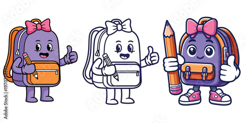 Cute anthropomorphic backpack character with a bow and pencil, giving thumbs up, lively and cheerful for school or stationery concepts.