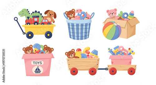 Foto Toy Storage Bins and Baskets with Various Colorful Toys and Stuffed Animals