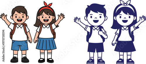 Young primary school boy and girl students wearing uniforms and backpacks waving hello in both vibrant color and dark blue outline style for education design.