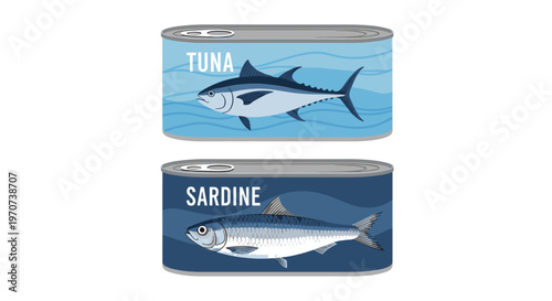 Tuna and Sardine Canned Fish Illustrations with Fish on Labels