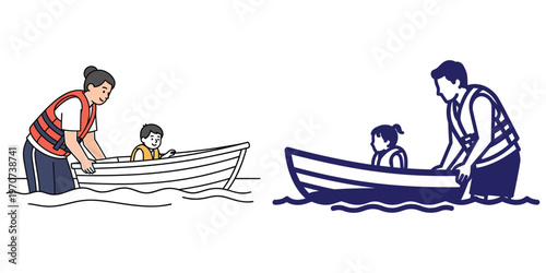 Adult helping child into boat with life vests, children learning water safety and boating, family outdoor activity, lake recreation, summer fun, colorful illustration, outline version.