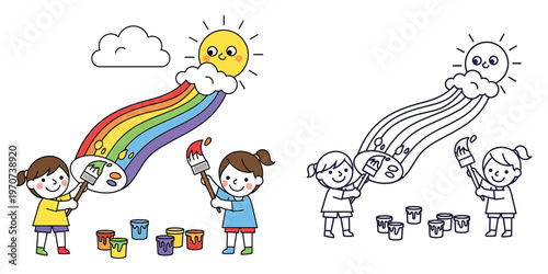 Two cheerful girls painting rainbow with sun and cloud in sky, palette with colorful paints, and paint pots on ground, happy creative moment.