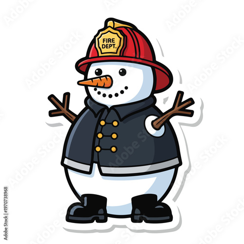 A snowman wearing a firefighter helmet and jacket