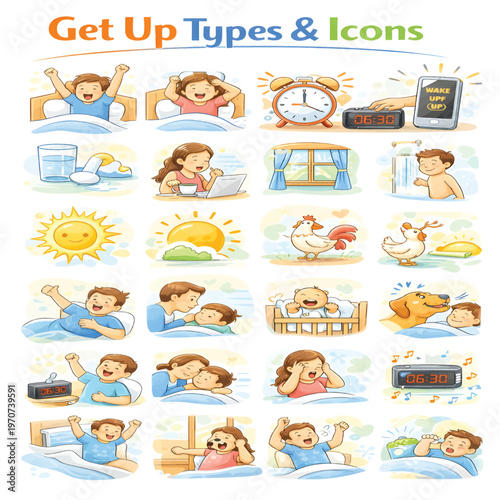 Get Up Type Icons Set, Standing and Rising Action Symbols Collection, Wake Up and Movement Line Icons, Human Posture Vector Pack