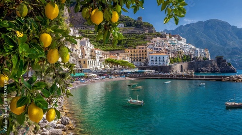Beautiful amalfi coast view on mediterranean sea with fresh lemons in foreground, colorful cliffside village, coastal mountains, blue ocean water, sunny sky, scenic italian travel destination landscap