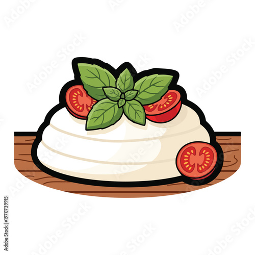 A mozzarella cheese with basil and tomatoes on a wooden board