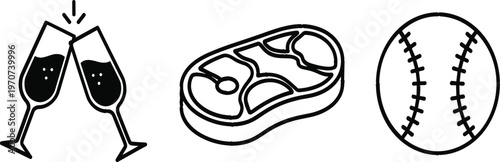 Celebration Vector Set with Clinking Glasses, Steak, and Baseball for Fun, Dining, and Sports Designs