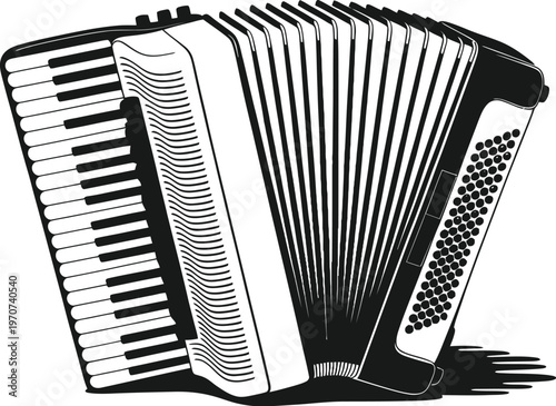 Accordion musical instrument - stylized black and white vector art with button accordion with folk music