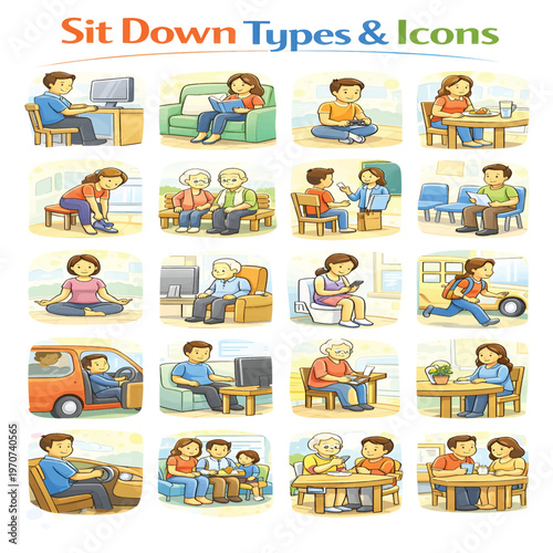 Sit Down Type Icons Set, Seating and Rest Action Symbols Collection, Human Posture and Sitting Position Line Icons, Body Movement Vector Pack