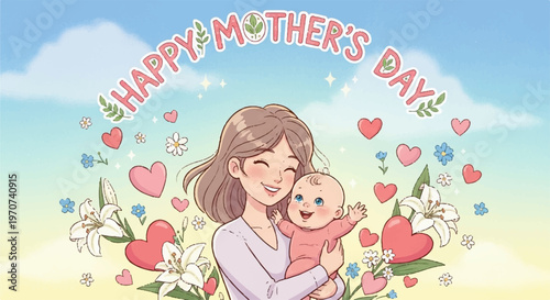 Mother embracing laughing baby under a floral Happy Mothers Day text