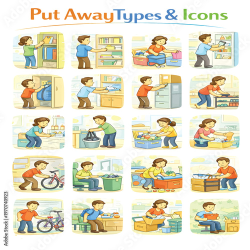 Put Away Type Icons Set, Storage and Organizing Symbols Collection, Cleaning and Arranging Line Icons, Household Management Vector Pack